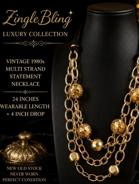 Jewelry - Vintage 1980s Gold Statement Necklace Triple Suede Cord Multi Strand Chunky